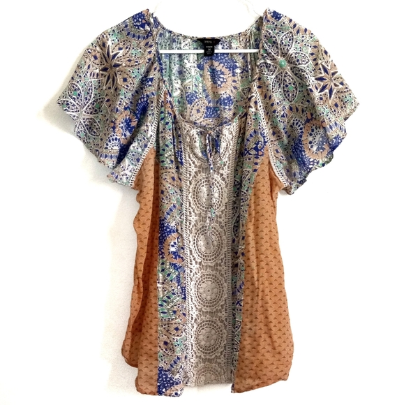 Intro Woman Cotton Boho Mixed Print Top 1X - Picture 1 of 8